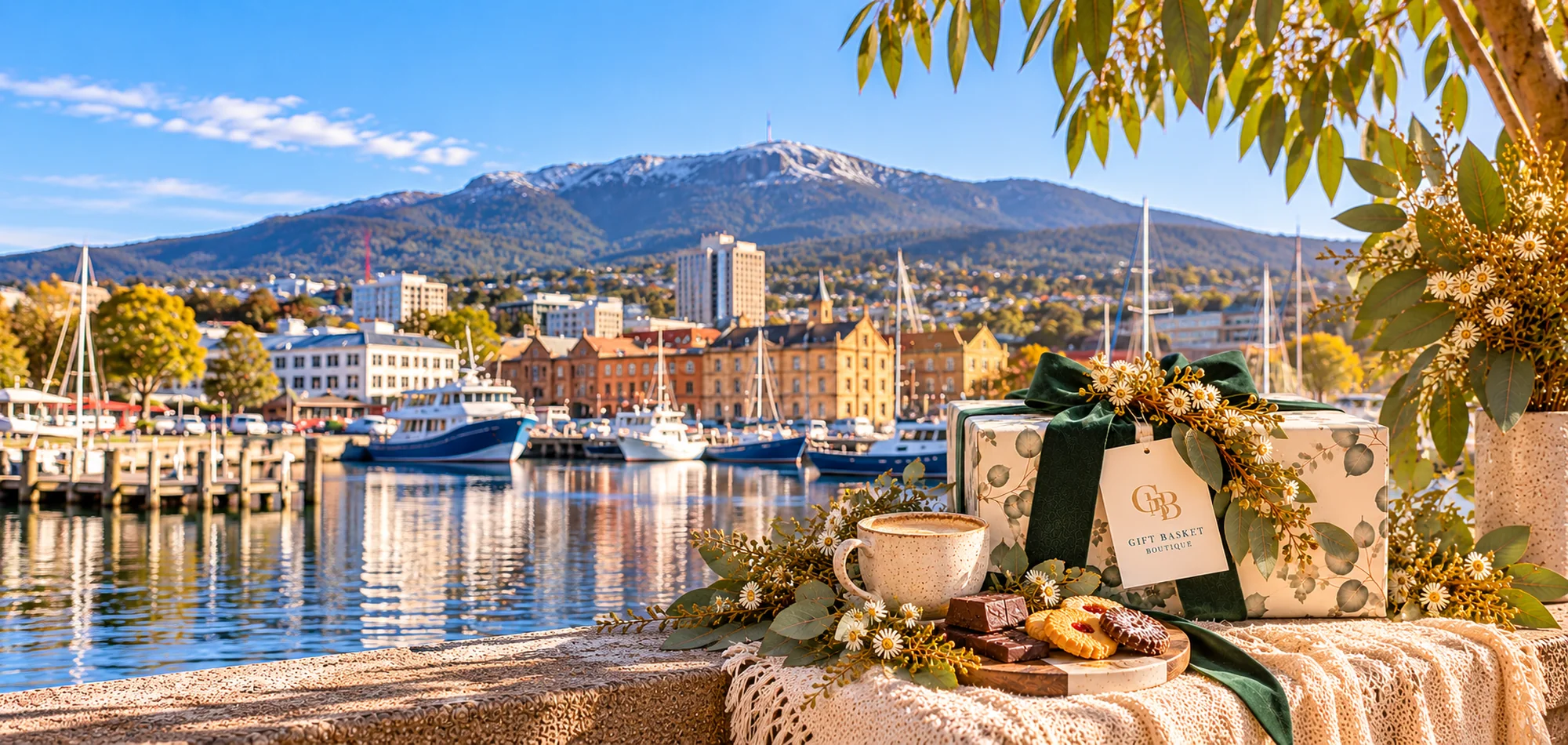 Gift Basket Boutique gift hamper overlooking Hobart's waterfront and kunanyi / Mount Wellington