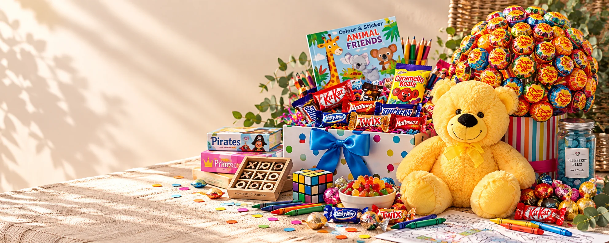 Kids gift setting with a yellow teddy bear, chocolate and lolly gifts, activity books, games, colouring pencils and toys