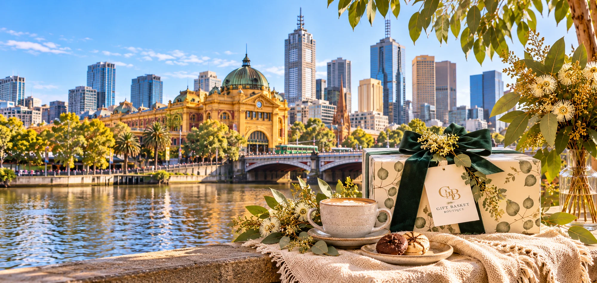 Gift Basket Boutique gift hamper overlooking the Yarra River and Flinders Street Station in Melbourne