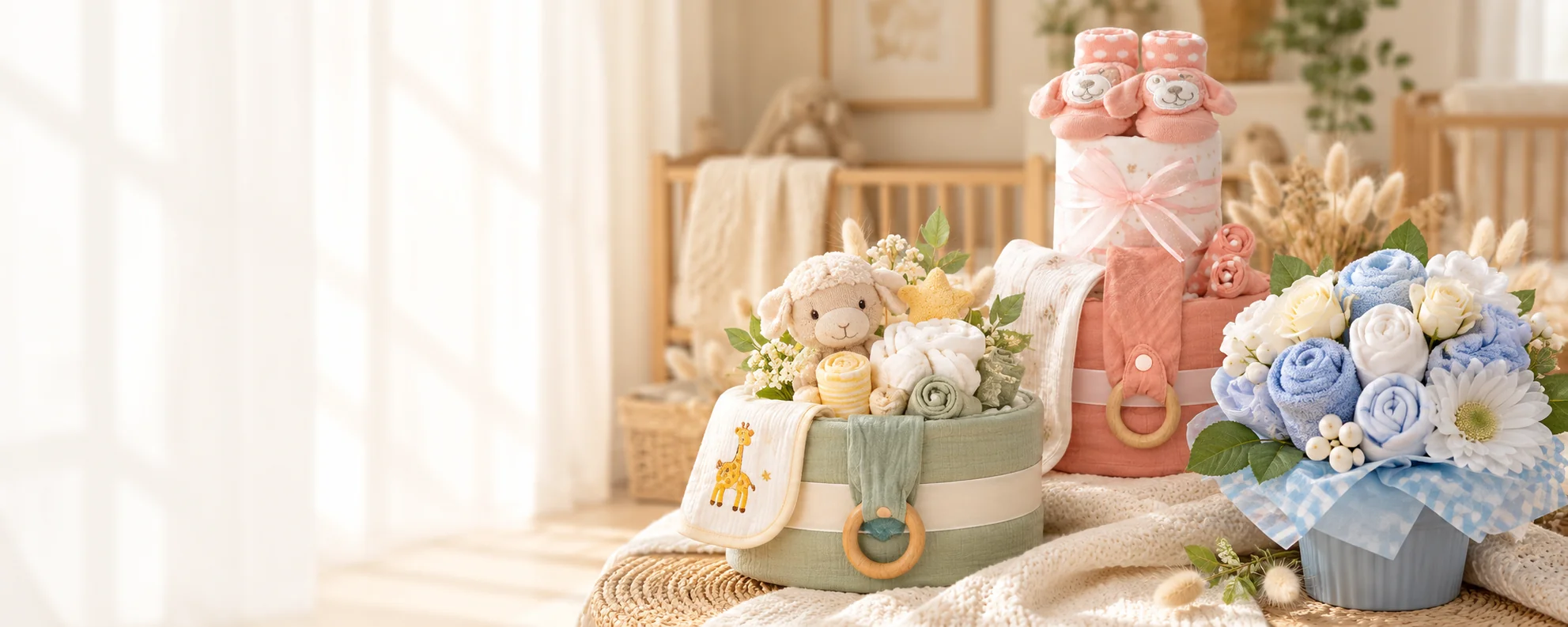 Nappy cakes and baby bouquet in soft sage, peach and blue with baby essentials and toys