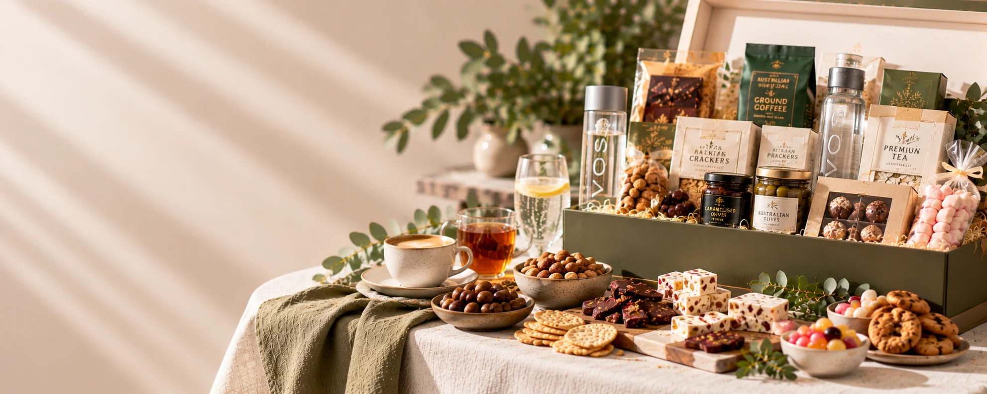 Non-alcoholic hamper with gourmet treats, chocolates, sweets, tea, coffee and sparkling water
