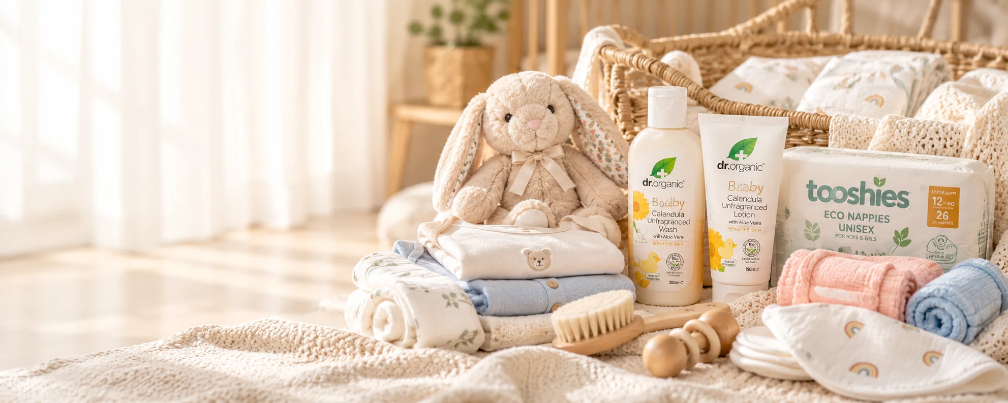 Organic and natural baby gift setting with a soft bunny, baby clothing, eco nappies and gentle baby care products