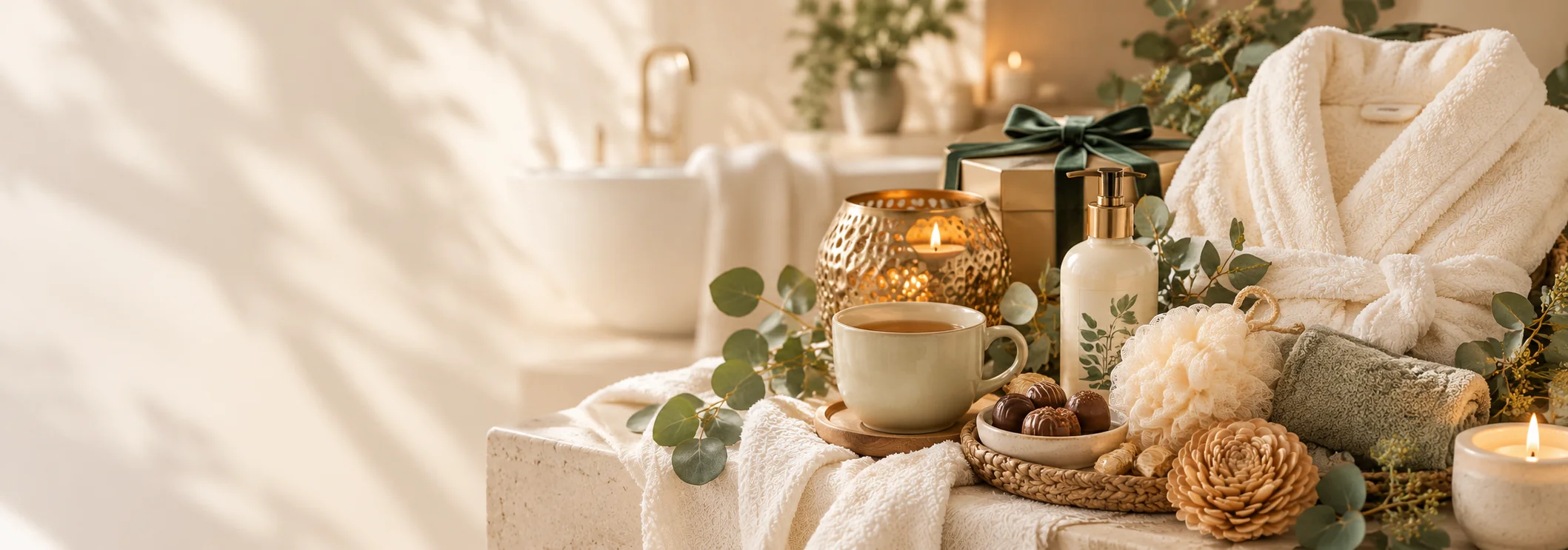 Pamper hamper setting with a soft bathrobe, towels, tea, chocolates, candle and body care