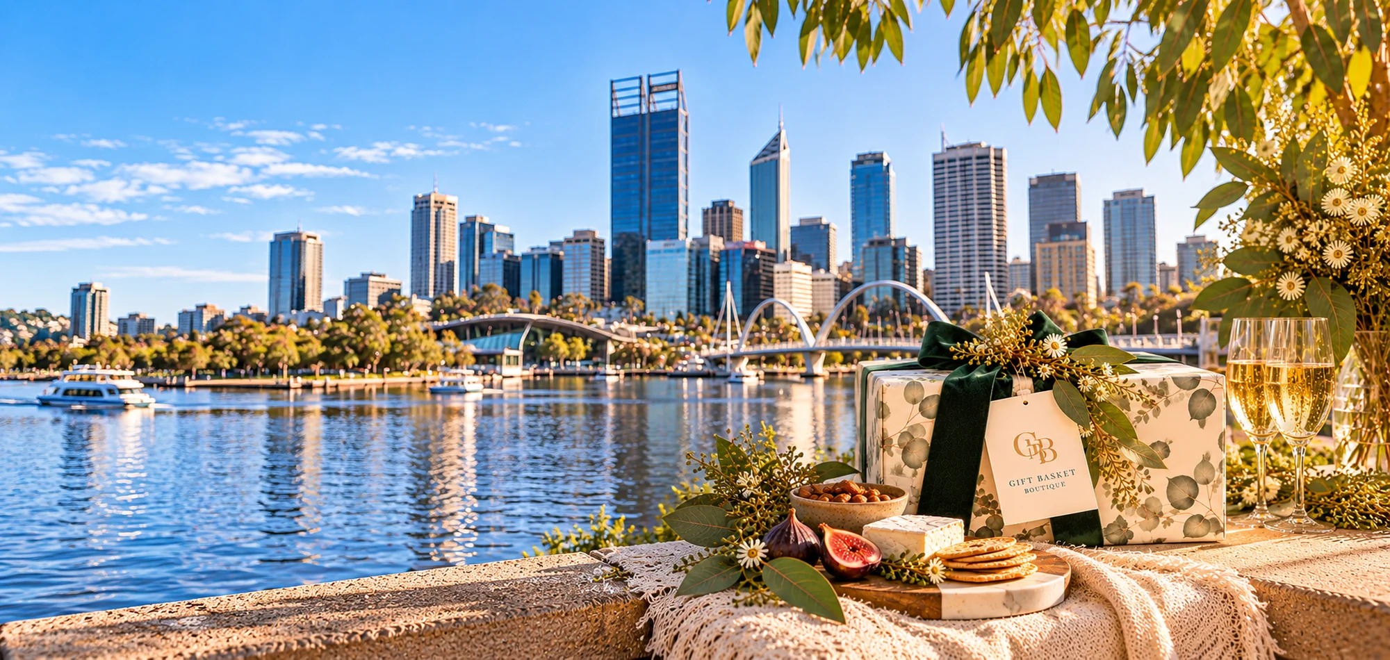 Gift Basket Boutique gift hamper overlooking the Swan River and Perth city skyline