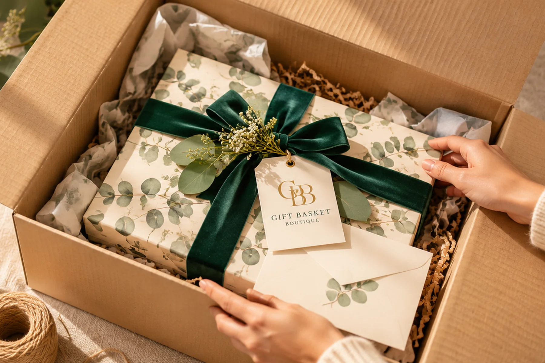 Gift Basket Boutique gift being carefully packed for delivery with a personal message