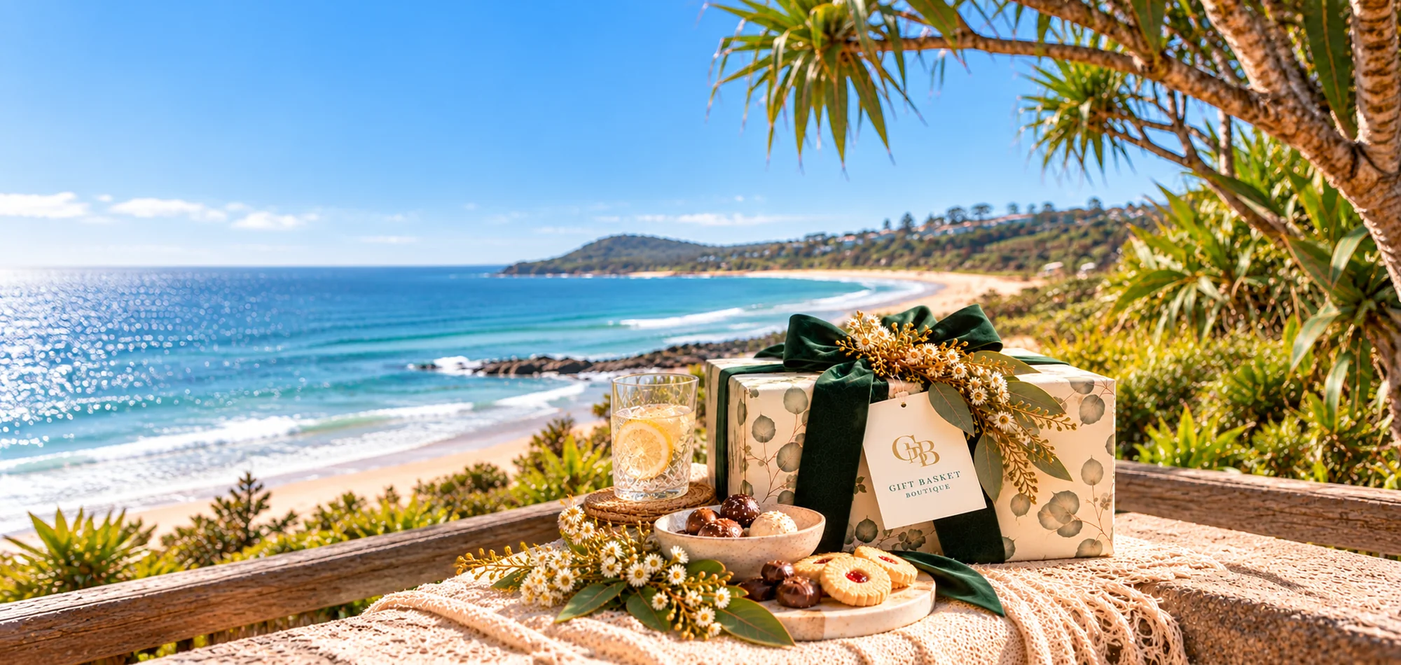 Gift Basket Boutique gift hamper overlooking the Sunshine Coast beach and ocean