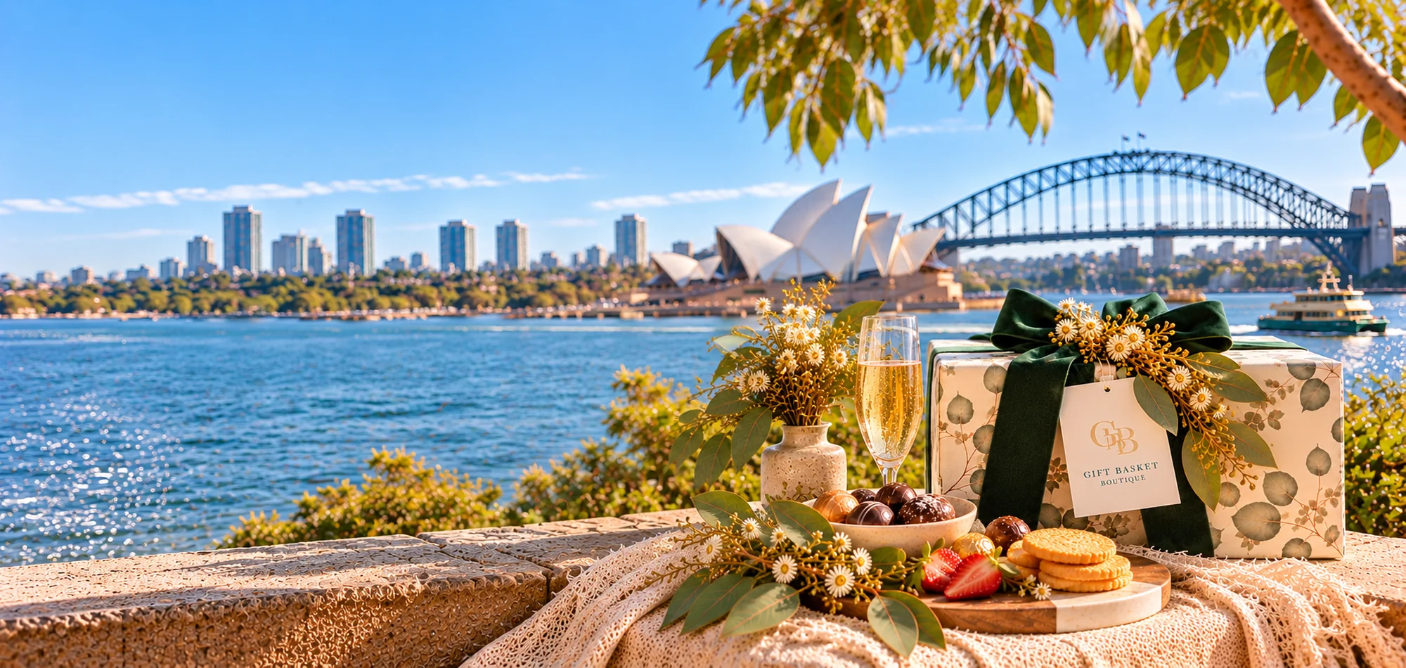 Gift Basket Boutique gift hamper overlooking Sydney Harbour, the Opera House and Harbour Bridge