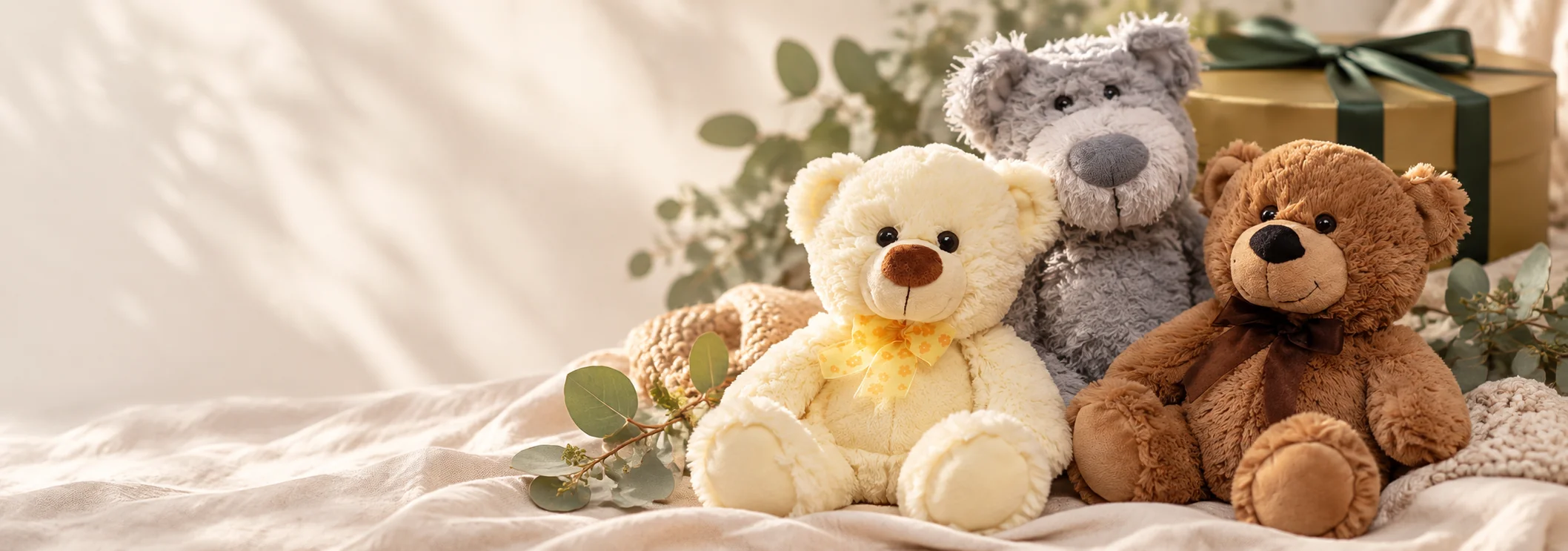 Three teddy bears in cream, grey and brown arranged with a Gift Basket Boutique gift box