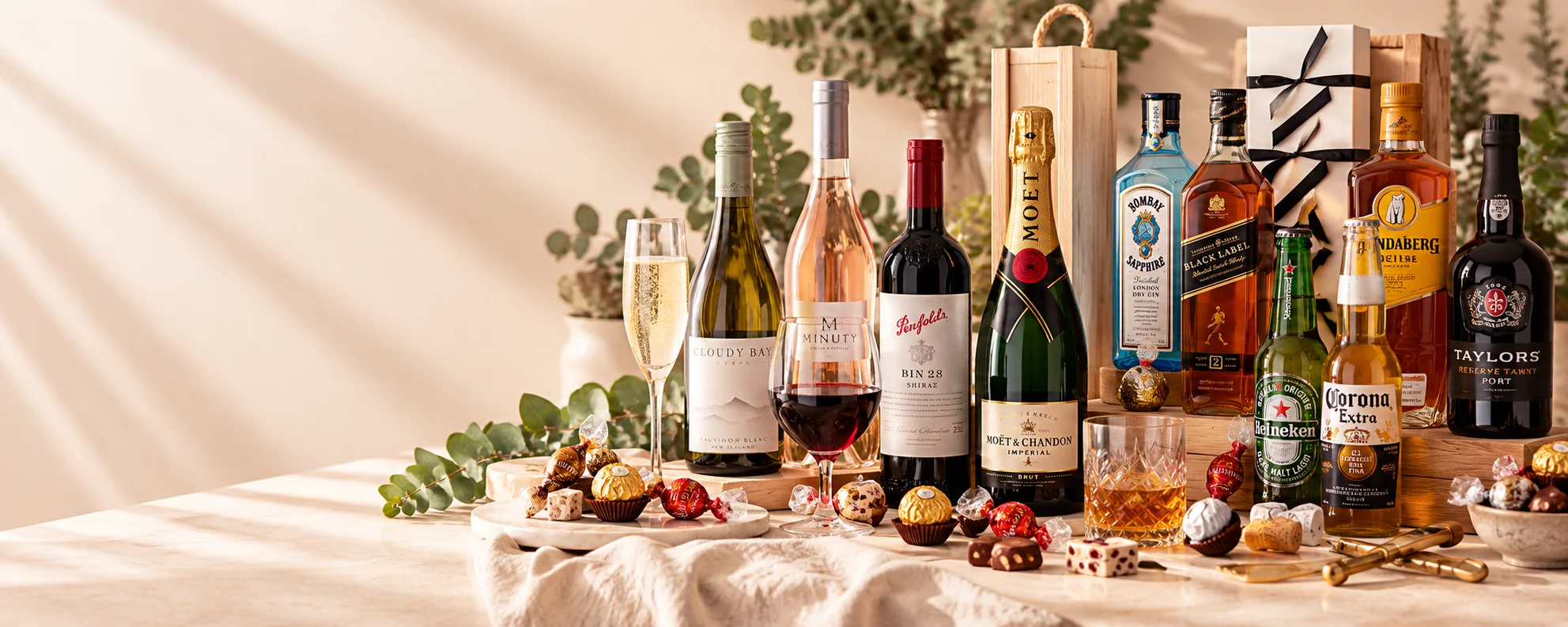 Wine, Champagne and spirits gift setting with red and white wine, sparkling wine, gin, whisky, rum, Port and beer